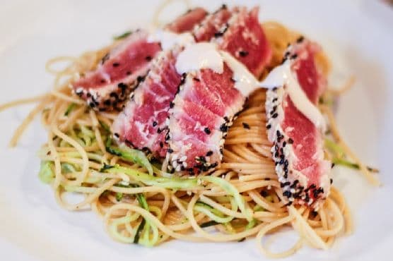 Reckless Abandon: Seared Ahi Tuna on a Bed of Zucchini Ribbons and Whole Wheat Pasta with Spicy Sauce