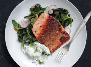 Pan-Roasted Salmon with Collards and Radish Raita