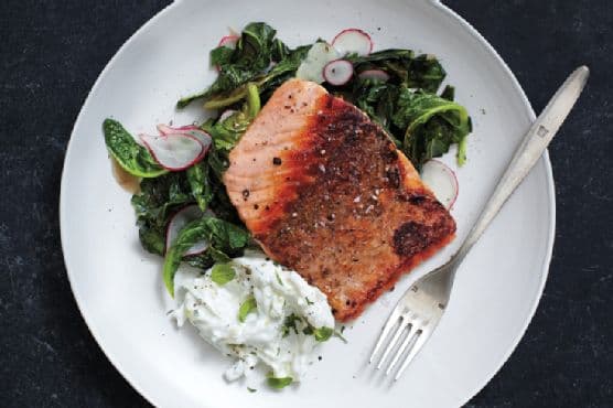Pan-Roasted Salmon with Collards and Radish Raita