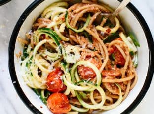 Double Tomato Pesto Spaghetti with Zucchini Noodles