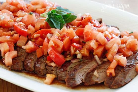 Grilled Flank Steak With Tomatoes, Red Onion And Balsamic