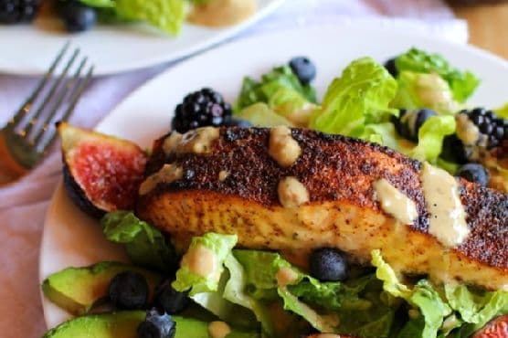 Broiled Salmon and Fig Salad with Blackberries and Green Goddess Dressing
