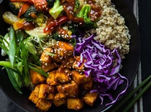 Korean Barbecue Tofu Bowls with Stir-Fried Veggies and Quinoa