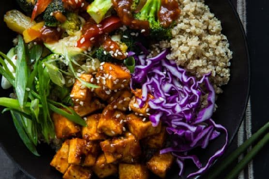 Korean Barbecue Tofu Bowls with Stir-Fried Veggies and Quinoa