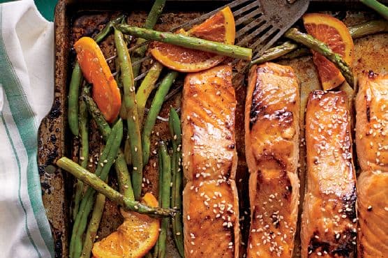 Honey-Soy-Glazed Salmon with Veggies and Oranges