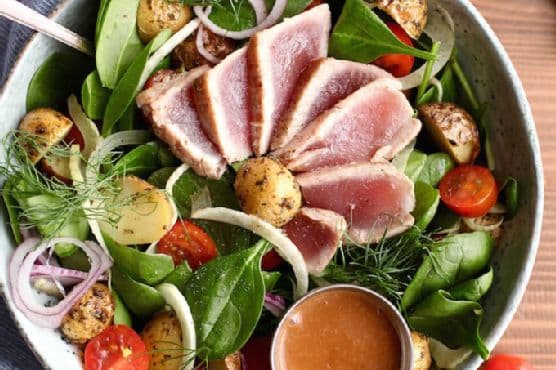 Ahi Tuna Winter Salad with Creamy Balsamic Dressing (DF, GF)
