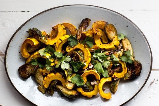 Miso-Harissa Delicata Squash and Brussels Sprouts Salad