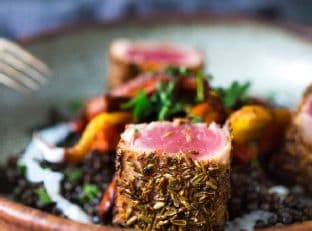 Cumin & Fennel Seed Crusted Ahi with Spiced Lentils