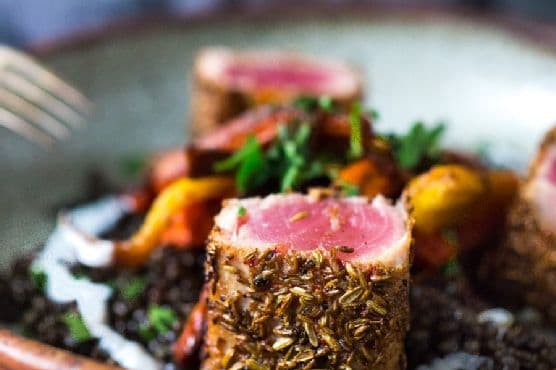 Cumin & Fennel Seed Crusted Ahi with Spiced Lentils
