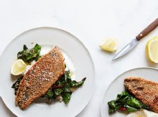 Almond-Crusted Trout with White Grits and Swiss Chard