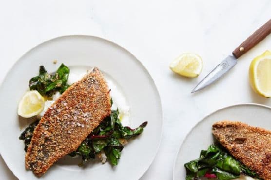 Almond-Crusted Trout with White Grits and Swiss Chard