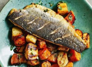 Pan-Fried Sea Bass With Miso, Lemon, and Thyme-Glazed Roasties