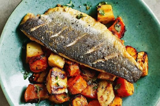 Pan-Fried Sea Bass With Miso, Lemon, and Thyme-Glazed Roasties