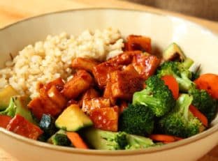 Teriyaki Peanut Tofu with Stir-Fried Veggies & Brown Rice