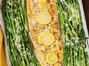 One Pan Roasted Lemon Pepper Salmon and Garlic Parmesan Asparagus