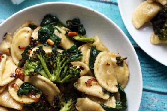 Agnolotti with Roasted Broccoli and Spinach in a Buttered Pine Nut Sauce