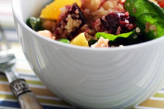 Quinoa Salad Recipe With Roasted Beets, Chick Peas, Baby Spinac