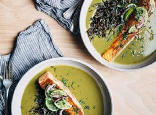 coconut cream green soup with pan-seared salmon