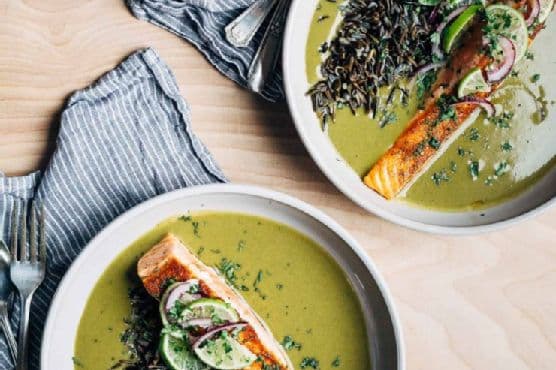 coconut cream green soup with pan-seared salmon