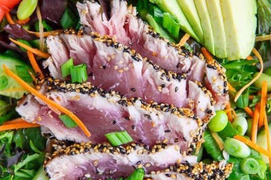Sesame Crusted Seared Ahi Tuna 'Sushi' Salad with Wasabi Vinaigrette
