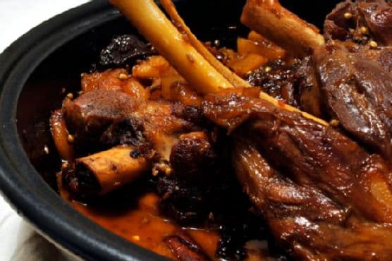 Braised Lamb Shanks with Dried Apricots, Plums, and Candied Ginger