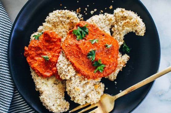 Herb Crusted Cauliflower Steaks with Romesco Sauce
