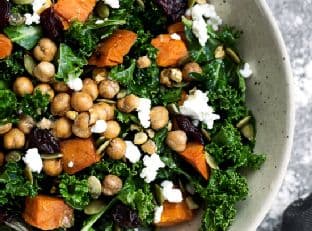 Roasted Sweet Potato Kale and Dried Cherries, Feta & Pepitas