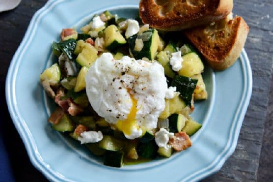 Zucchini Summer Skillet with Poached Eggs + Garlic Butter Baguettes
