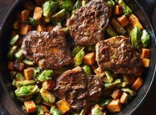 Strip Steaks with Smoky Cilantro Sauce & Roasted Vegetables